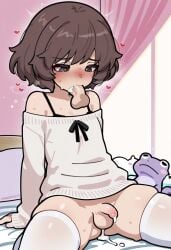 1femboy 1male 2males ai_generated akiyama_yukari blowjob brown_eyes brown_hair civitai civitai_lora cookiasncream cum deepthroat dripping_cum femboy floating_penis futanari futanarization futari penis_in_mouth short_hair sitting sitting_on_bed small_breasts small_penis white_sweater