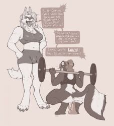 anthro barbell bottomless bulge canid canine clothed clothing dildo dildo_sitting duo ear_piercing ear_ring english_text fangs front_view futa_anthro futanari hi_res intersex intersex_anthro mammal mephitid monochrome narrowed_eyes open_mouth penetration piercing rear_view ring_piercing seraphictiger sex_toy shallow_penetration skunk speech_bubble squats standing teeth text