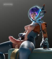 1futa 3d areolae balls blush cum_drip dickgirl futa_focus futanari gloves helmet hung_futa juno_(overwatch) leaking_precum light-skinned_futa open_clothes overwatch overwatch_2 partially_clothed pensubz perky_breasts precum purple_hair solo solo_focus solo_futa tagme
