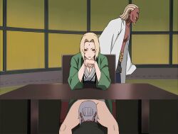 1boy 2girls age_difference big_breasts blonde_hair blush breasts cucked_by_lesbian cuckold cunnilingus dark-skinned_female dark-skinned_male dark_skin edit female gnz grey_hair implied_cunnilingus implied_oral interracial kneeling light-skinned_female mabui male naruto naruto_shippuden netorare no_panties ntr nude_filter oral partially_clothed raikage screencap screenshot_edit sitting stealth stealth_cunnilingus stealth_oral stealth_sex third-party_edit tsunade under_the_table yuri