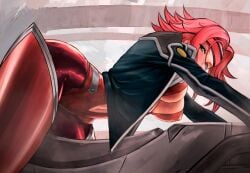 1girls bent_over blush bodysuit code_geass from_below from_side half-closed_eyes headband jacket kallen_stadtfeld looking_at_viewer medium_breasts midriff nibba open_jacket red_hair shiny_skin short_hair steaming_body sweat thick_thighs wide_hips