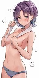 after_bath ahoge asakura_toru bare_arms bare_belly bare_legs bare_shoulders bare_thighs belly_button blue_eyes blue_panties blush bow_panties breasts collarbone convenient_censoring gradient_hair idolmaster idolmaster_shiny_colors lace-trimmed_panties masuku_(saint_mask) medium_breasts multicolored_hair no_bra panties parted_lips purple_hair short_hair steam thighs topless towel towel_around_neck water_drop wet_body wet_hair