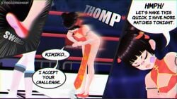 2girls 3d 3d_(artwork) black_hair bowing chinese_clothes english english_text female female_focus female_only going_commando hair_bun hair_buns imminent_catfight imminent_fight kimiko_nagasawa mei_li_fang no_panties original short_hair speech_bubble triggerbunbun wrestling_outfit wrestling_ring