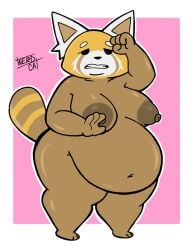 absurd_res aggressive_retsuko aggretsuko ailurid anthro belly big_belly big_breasts big_nipples breasts brown_body brown_fur brown_nipples countershade_ears countershade_face countershading female fur hi_res mammal markings nipples nude obese obese_anthro obese_female orange_body orange_fur overweight overweight_anthro overweight_female red_panda retsuko sanrio solo striped_markings striped_tail stripes tail tail_markings thick_thighs weirdocat white_body white_countershading
