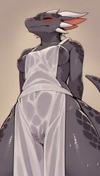 1girls ai_generated anthro blush closed_eyes dragon dragon_humanoid female female_only hands_behind_back humanoid low-angle_view naked_apron nipples pussy_visible_through_clothes scalie scalieton self_upload simple_background translucent_clothing wet wet_clothes wet_skin