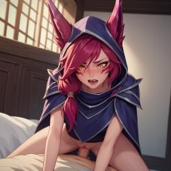 ai_generated cowgirl_position facial_markings hood league_of_legends patreon red_hair sex vaginal_penetration xayah yellow_eyes