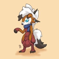 1:1 animal_genitalia azzyyeen balls big_balls big_sheath biped blue_eyes blue_scarf bodily_fluids dusk_lycanroc fan_character front_view fully_sheathed fur genitals huge_balls hybrid hyper hyper_balls hyper_genitalia lycanroc male midnight_lycanroc mostly_nude multitoned_fur nintendo orange_body orange_fur pokémon_(species) pokemon ralkias_arvendale red_body red_fur scarf scarf_only semi-anthro sheath solo standing video_games white_body white_fur y_sheath_opening