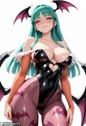 ai_generated animal_print aqua_hair ass_visible_through_thighs bangs bare_shoulders bat_print bat_wings black_leotard blunt_bangs blush breasts bridal_gauntlets cleavage closed_mouth clothing_cutout collarbone covered_navel cowboy_shot darkstalkers demon_girl female green_eyes green_hair head_wings heart_cutout high_resolution highleg highleg_leotard highres large_breasts leotard lips long_hair looking_at_viewer low_wings morrigan_aensland pantyhose print_legwear purple_pantyhose purple_wings shiny shiny_clothes shiny_skin simple_background smile solo stable_diffusion thighs waifuscans418 white_background wings