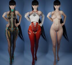 3d android asian asian_female bangs black_hair bobot bodysuit digitalhell eve_(stellar_blade) female korean korean_female long_hair model model_sheet nude nude_female petite ponytail skin_tight slim_waist stellar_blade