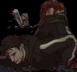 2boys absurdres black_background black_gloves black_hoodie blood blood_from_eyes blood_from_forehead blood_on_clothes blood_on_face blood_on_mouth blood_on_weapon bloodshot_eyes brown_hair chainsaw chibi chibi_inset coughing coughing_blood cry_of_fear david_leatherhoff facial_hair fingerless_gloves gloves goatee_stubble grey_hoodie guro highres holding holding_chainsaw hood hood_up hoodie intestines ju-san leaning_on_self lying male_focus messy_hair multiple_boys on_ground on_stomach organs outline print_hoodie running short_hair simon_henriksson_(book) spine spread_fingers stubble sweat turtleneck upper_body weapon white_outline