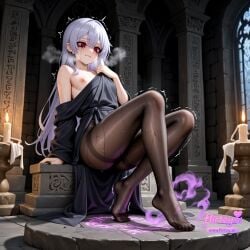 ^^^ ai_assisted ai_generated bare_shoulders black_legwear breasts clenched_teeth earrings feet female flirtzy.ai hair_between_eyes jewelry long_hair looking_at_viewer nipples no_shoes pantyhose red_eyes shoes_removed silver_hair sitting solo tearing_up thighband_pantyhose thighs trembling twitching very_long_hair