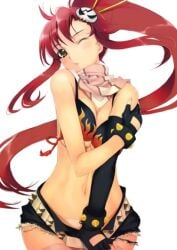 :o ;o bangs beads belt bikini bikini_top black_gloves blush breast_squeeze breasts cleavage cowboy_shot denim_shorts elbow_gloves eyebrows_visible_through_hair female fingerless_gloves flame_print floating_hair gloves gradient groin gun hair_ornament hair_stick hairpin head_tilt high_ponytail holding_arm large_breasts long_fingernails long_hair looking_at_viewer midriff mismatched_gloves navel one_eye_closed parted_lips pink_legwear ponytail pulled_by_self red_hair scarf shadow short_shorts shorts shorts_pull sideboob sidelocks simple_background single_elbow_glove skindentation skull_hair_ornament solo standing stomach striped studded_belt studded_bracelet swimsuit thighhighs torn_clothes underboob v_arms vertical_stripes very_long_hair white_background wide_hips yellow_eyes yoko_littner zipper
