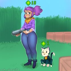 1girls brawl_stars brown_skin feline game kit_(brawl_stars) notwawita purple_hair sfw shelly_(brawl_stars) simple_background supercell thick_thighs