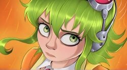 2025 ai-created ai_art ai_assisted ai_generated confused confusion green_eyes green_hair gumi megpoid_gumi orange_background sad shadman_(style) shadman_homage vampiregurl vampiregurl_(artist)