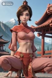 1girls ai_generated architecture artist_name avatar_legends avatar_the_last_airbender blue_sky bracelet braid breasts brown_eyes brown_hair chinese_clothes crop_top day east_asian_architecture female hi_res lips looking_at_viewer medium_breasts midriff mountain navel nickelodeon nicktoons official_alternate_costume outdoors pants patreon_username pelvic_curtain r34arts sandals shirt sky solo spread_legs squatting stomach ty_lee