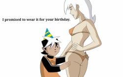ass ass_focus bikini bikini_bottom bikini_top birthday_hat blush_lines drew_saturday eyeshadow grabbing_ass hands_on_hips incest lipstick looking_down mature_female milf mother_and_child mother_and_son multicolored_hair older_female older_female_and_younger_male pale-skinned_female side-tie_bikini sideboob size_difference sketchintheshade swimsuit the_secret_saturdays white_hair younger_male zak_saturday