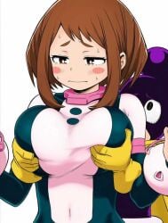 1boy 1girls aged_up ai_generated breast_grab highres minoru_mineta my_hero_academia ochako_uraraka shy smile