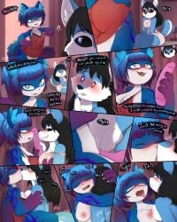 2024 anthro ass big_breasts big_butt biped black_hair black_sclera blue_body blue_eyes blue_fur blue_hair blush breasts brown_eyes canid canine cheek_tuft cleavage clothed clothing comic curvy_figure cute_fangs dialogue dildo dildo_in_vagina dildo_insertion domestic_cat double_dildo duo erect_nipples facial_tuft fangs felid feline felis female female/female fox fur genitals hair heterochromia hi_res holding_dildo holding_object holding_sex_toy inner_ear_fluff kissing mammal negligee nipples off_shoulder orgasm penetration phosenpai pupils purple_hair pussy sex sex_toy sex_toy_in_vagina sex_toy_insertion slit_pupils speech_bubble standing standing_sex tail tail_motion tailwag teeth tongue tongue_out translucent translucent_clothing tuft undressing vaginal_penetration vulva wide_hips