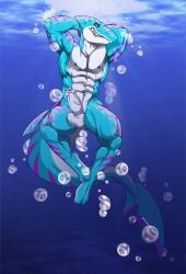 animal_humanoid anthro balls big_balls big_penis bubble clothing erect_nipples erection fin fish fish_humanoid flexible foreskin genitals hands_behind_head hi_res humanoid male marine marine_humanoid muscular muscular_anthro muscular_male muscular_thighs nipples ocean_floor pecs penis pits requiem_shark sea shark shark_humanoid shark_tail sharp_teeth smile smirk solo speedo swimwear tail teeth tiger_shark uncircumcised underwater vaini water