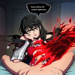 ai_generated bed clawed_fingers claws disgruntled female hotel_room imminent_handjob inn pov speech_bubble superpowers tales_of_berseria velvet_crowe