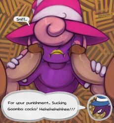 1girls 3boys anthro beldam bodily_fluids crying dialogue female femboy forced genitals goomba group handjob hi_res lipstick makeup male mario_(series) marsminer nintendo paper_mario penile penis penis_on_face punishment rape sex tears trans_woman vivian_(disambiguation) vivian_(paper_mario)