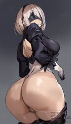 1girls ashiomi_masato ass ass_focus backless_leotard big_ass black_hairband blindfold breasts covered_eyes curvaceous curvy curvy_female curvy_figure feather-trimmed_sleeves female female_focus from_behind grey_background hairband highres leotard mole mole_under_mouth nier:_automata revealing_clothes short_hair solo solo_focus voluptuous voluptuous_female white_hair yorha_2b