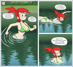 1girls ai_generated ass back_view big_breasts bikini black_eyes boobs bushes butt cartoon_network comic dialogue dialogue_box female floating foster's_home_for_imaginary_friends frankie_foster lake red_hair sexfightfun solo swim swimming water