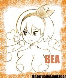 1girls 2boys alternate_breast_size bea_(pokemon) big_breasts breasts drawing hairband human human_only partially_colored penis pokemon pokemon_ss saitou_(pokemon) text topless