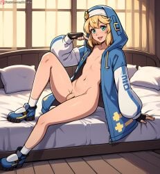 ai_generated blonde_hair boobly bottomless bridget fingerless_gloves flaccid full_body futanari gay hood indoors intersex on_bed sissy sitting