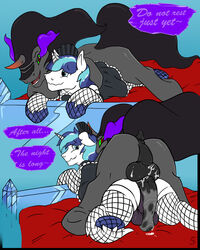 anus balls bodily_fluids clothed clothing comic crossdressing cum cum_on_balls dialogue equid feral fishnet friendship_is_magic genital_fluids hi_res horn king_sombra_(mlp) maid_uniform male male/male mammal my_little_pony penis regolithart shining_armor_(mlp) unicorn uniform