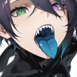 ai_generated arknights asbestos_(arknights) blue_mouth blue_tongue bodysuit green_eyes heterochromia kao140522 purple_eyes purple_hair sharp_teeth