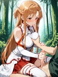 1boy 1girls ai_generated blush blushing_female breasts cowgirl_position cum cum_drip cum_on_body female fondling fondling_breast forest forest_background grabbing grabbing_another's_breast grabbing_breasts handjob high_quality high_resolution highres kirito male orange_eyes orange_hair outdoor_nudity outdoors outdoors_nudity rukiakira sword_art_online touching_breast yuuki_asuna