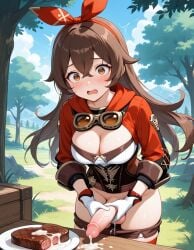 1futa ai_generated amber_(genshin_impact) balls blush brown_hair cleavage cum cum_on_food cum_on_penis food forest_background futa_only futanari genshin_impact gloves hair_ribbon intersex light-skinned_futa masturbation outdoors penis red_ribbon shorts shorts_down solo steak surprised testicles