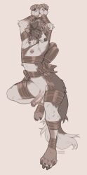 anthro artist_name balls bondage bound canid canine erection eyelashes foreskin genitals hair hi_res humanoid_genitalia humanoid_penis looking_at_viewer male male_anthro male_only mammal monochrome mouth_closed narrowed_eyes nipple_piercing nipples nude penis piercing ribbon_bondage ribbons seraphictiger short_hair simple_background solo text uncircumcised