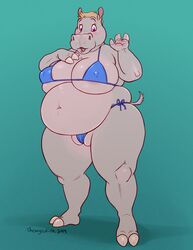 anthro belly big_belly big_breasts blonde_hair blush bra breasts chewycuticle clothing common_hippopotamus female female_only grey_skin hair hippopotamid mammal nipple_outline obese open_mouth overweight overweight_female plump_labia pussy pussy_floss short_hair solo standing swimwear thick_thighs thong underwear