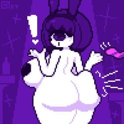 1_eye 1girls 1other ass ass_slap breasts bubble_butt bunny_ears club condom condom_wrapper cyclops exclamation_point exhibitionism functionally_nude hair_ornament headband huge_ass huge_breasts navel octette_(octotron2000) octotron2000 pasties pixel_art plump purple_eye purple_hair self_upload short_hair shortstack sideboob slap spoken_exclamation_mark strip_club surprised thick_thighs waitress white_body wide_hips