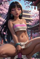 1girls ai_generated architecture bandeau bare_shoulders barefoot black_hair blunt_bangs bracelet breasts chel chel_(the_road_to_el_dorado) cherry_blossoms closed_eyes collarbone crop_top dark-skinned_female dark_skin day dildo dildo_in_pussy dildo_insertion dildo_riding dreamworks earrings east_asian_architecture female_masturbation gumroad_username hi_res jewelry lips loincloth long_hair makeup masturbation medium_breasts mole mole_under_eye navel object_insertion open_mouth outdoors patreon_username pelvic_curtain petals pussy pussy_juice r34arts sex_toy sky solo spread_legs squatting stomach strapless the_road_to_el_dorado tube_top uncensored vaginal_insertion vaginal_masturbation vaginal_object_insertion vaginal_penetration