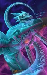 absurd_res addison_(o_squeaks_o) anthro blue_body blue_eyes bone breasts dialogue female goo_creature goo_creature_with_bones hi_res hybrid kobold looking_at_viewer machine nipples o_squeaks_o pelvis reptile rib_cage robot scales scalie skeleton skull slime_core solo spine talking_to_viewer translucent translucent_body