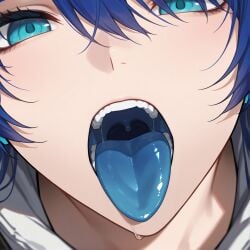 ai_generated arknights blue_eyes blue_hair blue_tongue kao140522 mostima_(arknights) open_mouth saliva