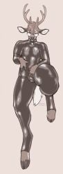 anthro antlers bulge clothed clothing collar deer front_view hair hi_res hooves horn jaiy latex latex_clothing latex_skinsuit male male_anthro male_only mammal narrowed_eyes penile seraphictiger short_hair simple_background skinsuit solo tight_clothing