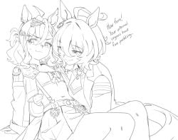 2d agnes_tachyon_(umamusume) avoiding_eye_contact black_and_white clothed english_text greyscale horse_girl implied_fingering jungle_pocket_(umamusume) lesbian sweat thernz umamusume yuri