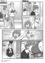 1boy 2girls ahoge big_breasts breasts cleavage comic covered_nipples dark-skinned_female dark_skin english_text face_in_breasts female glasses jill_(spidu) large_breasts light-skinned_female light-skinned_male light_skin male mall naughty_face no_bra original_characters sophie_(spidu) spidu tall_female the_amazing_adventures_of_sophie_and_jill twintails