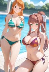 ai_art ai_generated big_breasts bikini brown_hair cleavage crossover doki_doki_literature_club green_eyes hazel_eyes joyboy56 looking_at_viewer monika_(doki_doki_literature_club) nami nami_(one_piece) one_piece orange_hair pool poolside swimsuit