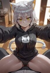 1boy 1girls ai_generated arms_around_neck blush cameltoe cat_ears cat_tail catgirl civitai cute_fang dug-lith-pls female golden_eyes male on_lap original_character oversized_clothes oversized_hoodie panties pov pussy_through_clothing shexyo_(ai_style) short_hair shortstack small_breasts tagme thick_ass thick_thighs white_hair
