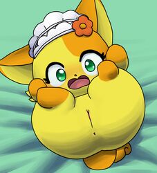 anus blush chaco_(cocotama) clitoris clothing cocotama felid female flower fur furry furry_only green_eyes hat_only headgear headwear hirake!_cocotama lying mammal mostly_nude on_back open_mouth plant pussy semi-anthro solo spread_legs spreading surprise yellow_fur 九尾