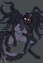 andromorph animal_genitalia animal_penis anthro arm_tattoo arm_tuft balls black_hair breasts canid canine canine_genitalia canine_penis canis cheek_tuft chest_tattoo circle_eyebrows crouching ears_up elbow_tuft empty_eyes eyebrows facial_tattoo facial_tuft female fluffy fluffy_chest fluffy_ears fluffy_hair fluffy_hips fluffy_tail genitals hair hair_dye herm hi_res hornyavey intersex leg_tattoo looking_at_viewer mammal monster mythological_canine mythological_creature mythology neck_tuft nipples no_pupils penis pseudo_hair red_hair runes runewolf sheath signature snout solo solo_focus symbol symbol_on_chest symbol_on_head symbol_on_thigh symbol_tattoo tail tattoo tentacle tentacle_hair thick_thighs tuft tulip_(hornyavey) werecanid werecanine werecreature werewolf wide_hips wolf yellow_eyes
