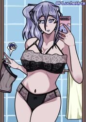 1girls bathroom big_breasts black_underwear blue_eyes breasts chibi date_a_live itsuka_shido light-skinned_female light_skin long_hair mature_female murasame_reine pluchearts ponytail selfie silver_hair speech_bubble underwear