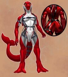 2025 absurd_res amber_eyes animal_genitalia anthro anus athletic cetacean chest_tattoo digitigrade dolphin dorsal_fin dsw7 feet fin genital_slit genitals harness harness_only hi_res leather leather_harness leather_strap looking_at_viewer male mammal marine membrane_(anatomy) model_sheet oceanic_dolphin rear_view red_body red_skin siader solo straps striped_dolphin tail tail_anus tail_fin tattoo toes toned_male toothed_whale webbed_feet white_body white_skin