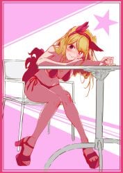 1girls bikini bikini_bottom bikini_only bikini_top blonde_eyebrows blonde_female blonde_hair blonde_hair blonde_hair_female blush blush_face blushing_at_viewer blushing_female chair closed_mouth_smile coriponz female footwear head_tilt high_heels high_school_student hoshino_ruby leaning_forward medium_breasts oshi_no_ko pink_eyes pink_eyes_female ponytail school_girl shoes side-tie_bikini side_ponytail sitting sitting_on_ass sitting_on_chair smile smiley_face smiling smiling_at_viewer smirk star-shaped_pupils star_eyes string_bikini swimsuit swimwear teen_girl teenage_girl teenager tilted_head yellow_eyebrows yellow_hair yellow_hair_female young_female young_woman
