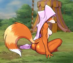 2018 4_fingers amber_eyes anthro ass bluedraggy breasts canid canine claws dipstick_tail disney erect_nipples female fingers fluffy fluffy_tail fox fur guoh headgear hood looking_at_viewer looking_back maid_marian mammal multicolored_tail nipples nude robin_hood_(disney) seductive sitting smile solo striped_tail stripes